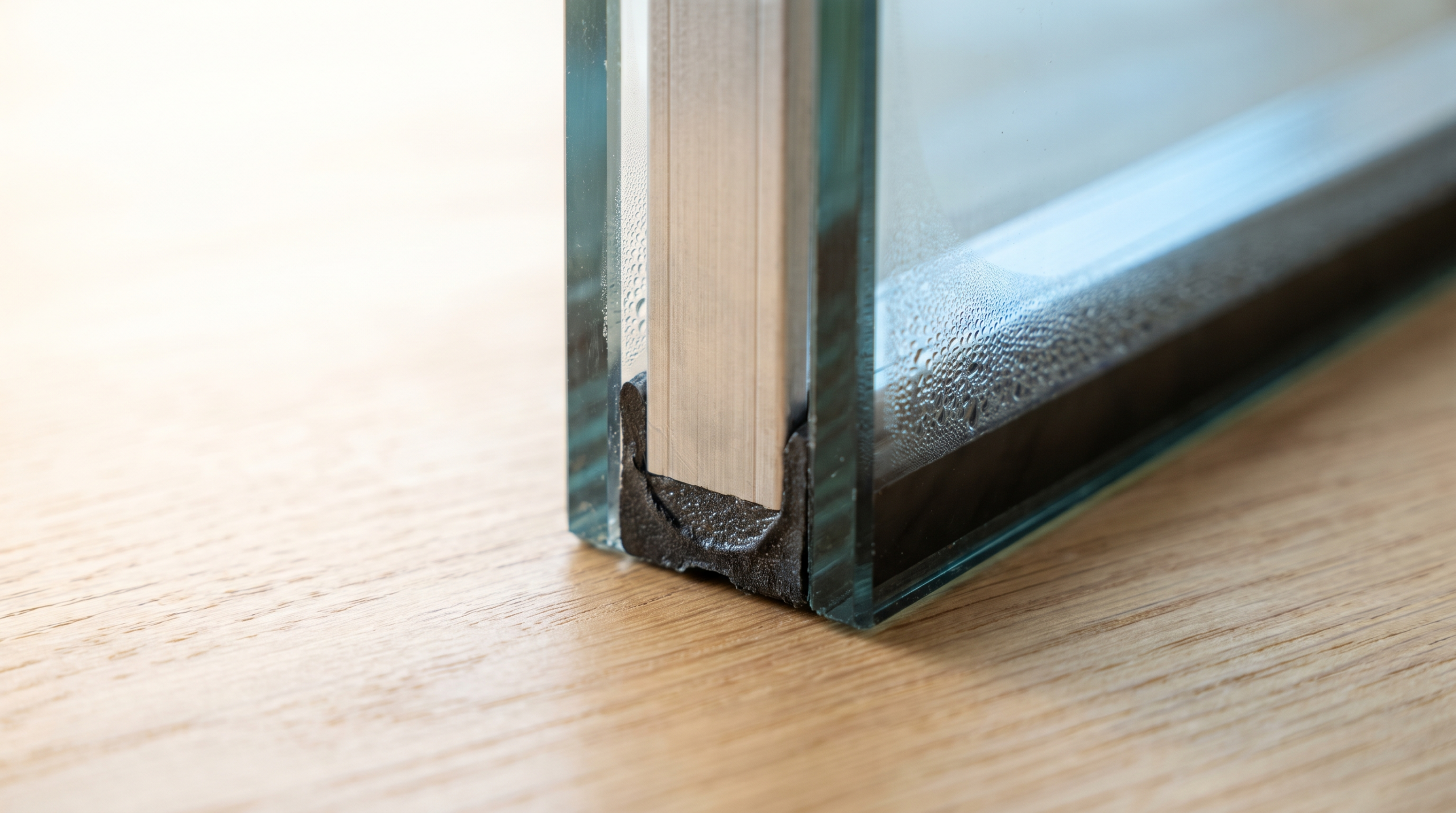 Detail eines undichten Randverbunds an einer Isolierglasscheibe mit Kondenswasser im Scheibenzwischenraum
