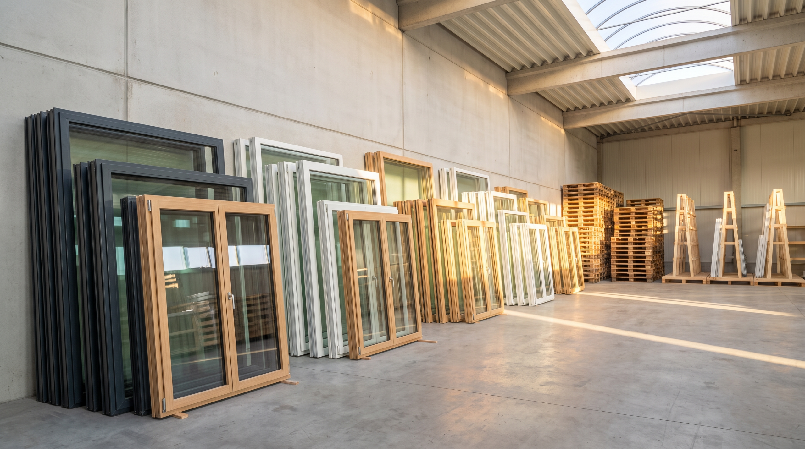 Fenster B-Ware und Restposten in einer hellen Lagerhalle vor dem Kauf