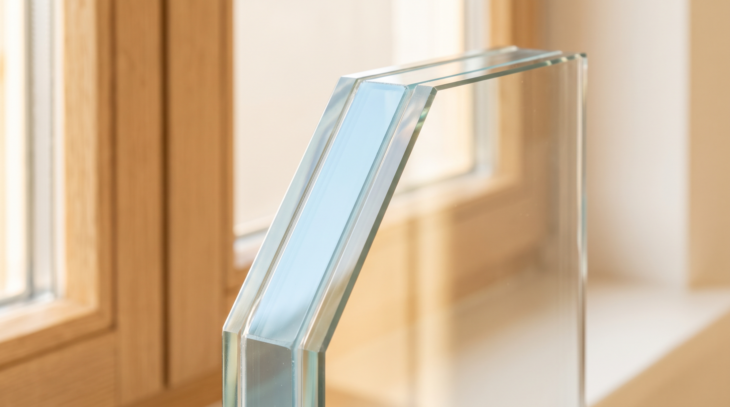 Elektrochromes Glas im Fensterquerschnitt mit erkennbarer blauer Tönschicht