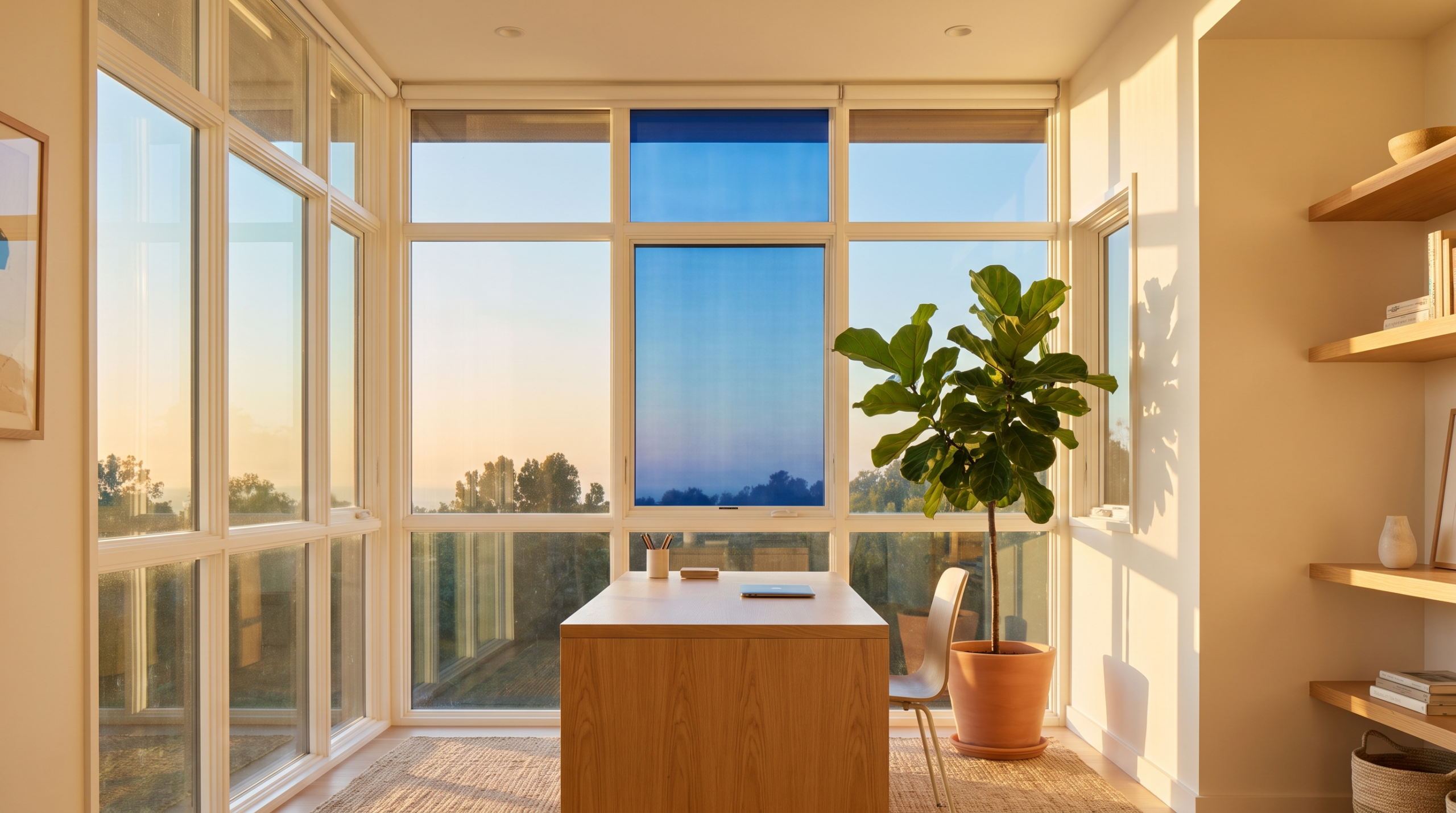 Elektrochromes Glas Fenster sorgt im Homeoffice für blendfreien Sonnenschutz