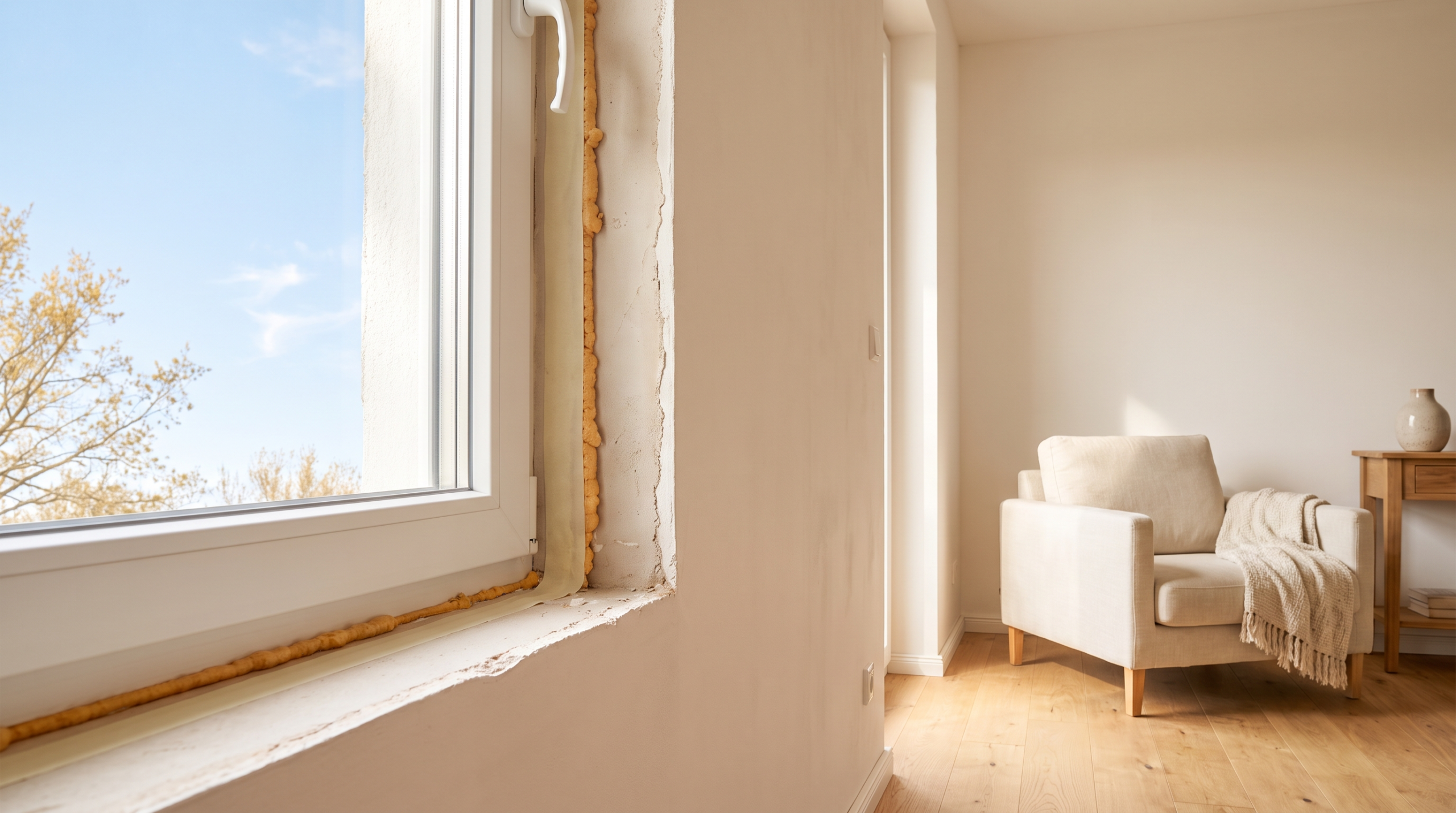 Fenster einbauen: frisch eingebautes Fenster in hellem Wohnraum