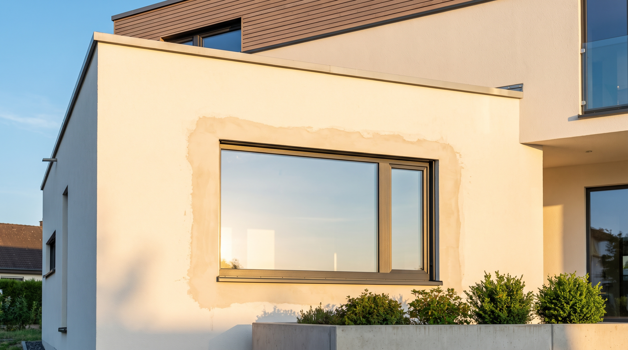 Fenster einbauen: neu eingebautes Fenster in moderner Hausfassade