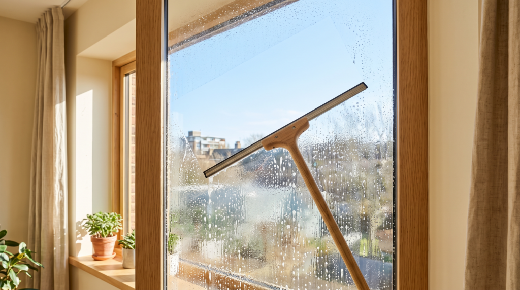Fenster streifenfrei putzen mit Abzieher auf großer Glasscheibe