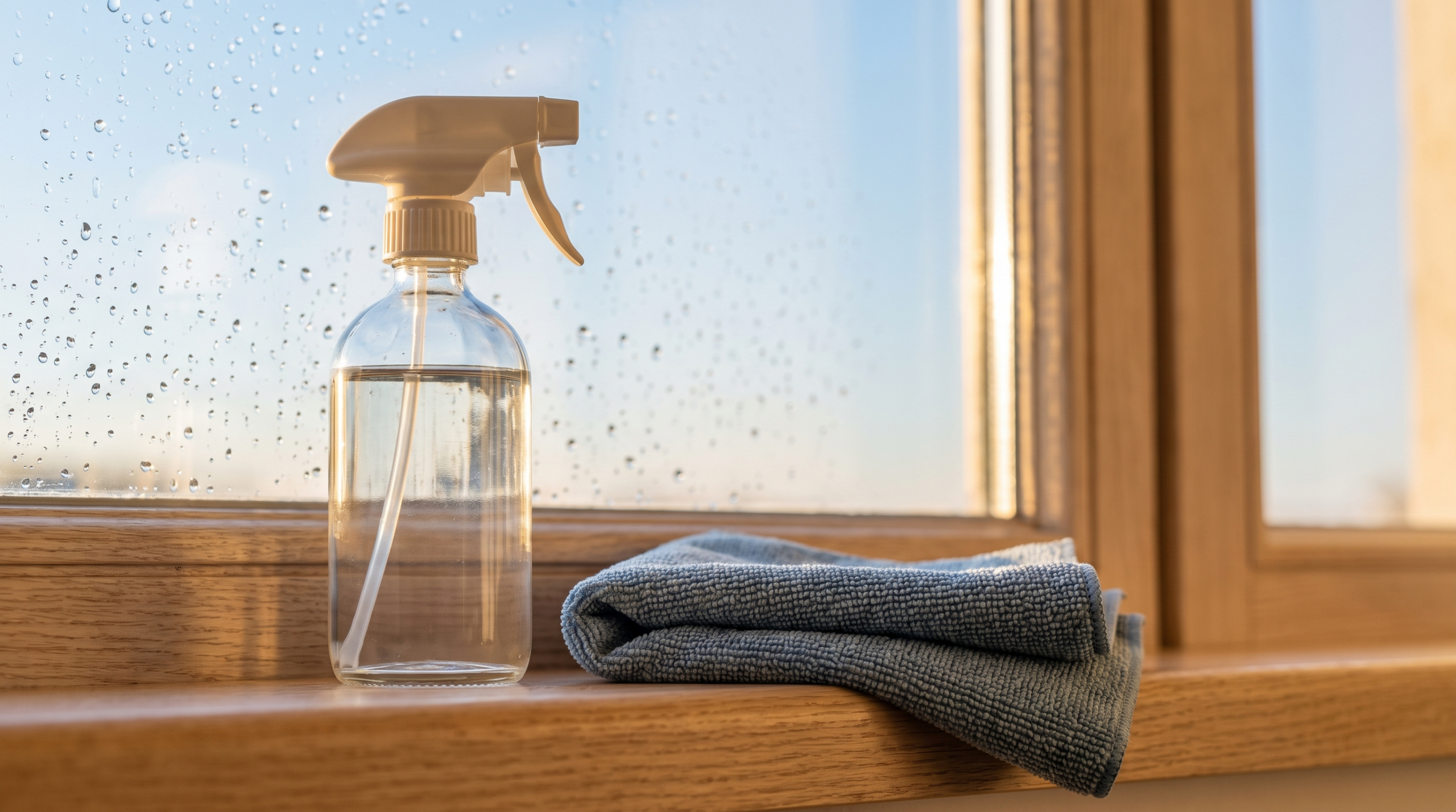 Fenster streifenfrei putzen Hausmittel: Sprühflasche mit Essigwasser und Mikrofasertuch