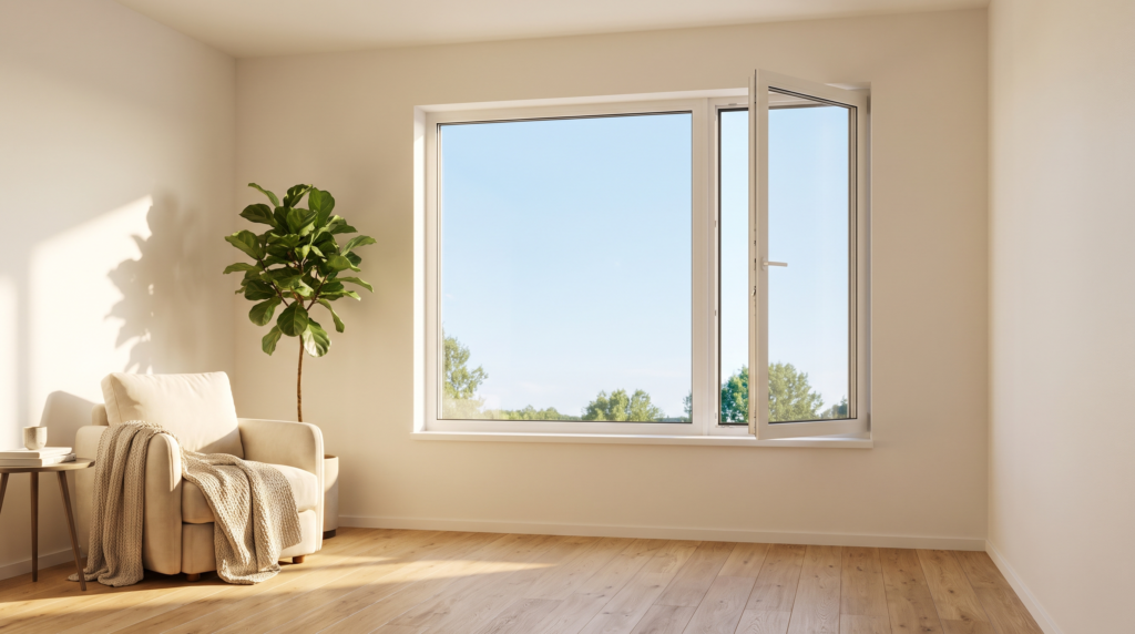 Dreifachverglasung Fenster mit sichtbarem Glasaufbau im hellen Wohnzimmer