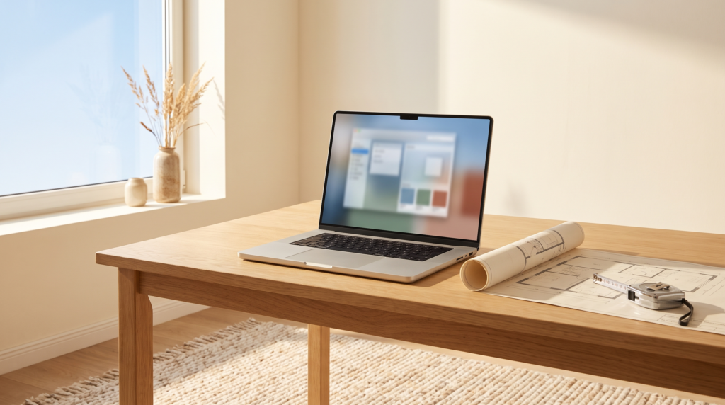 Fenster online kaufen am Laptop mit Grundriss und Maßband