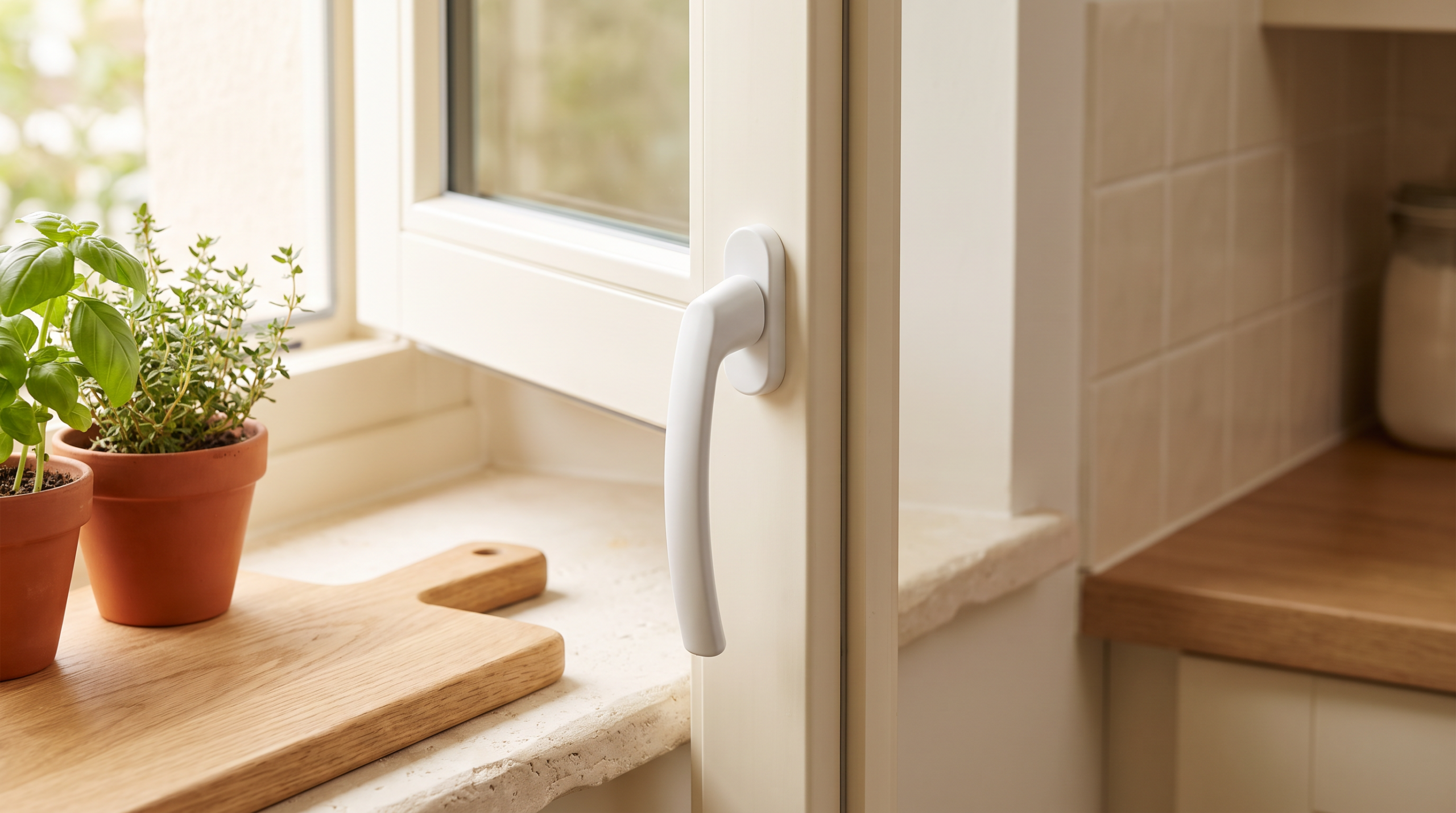 Fenstergriff am Küchenfenster mit Kräutertöpfen auf der Fensterbank