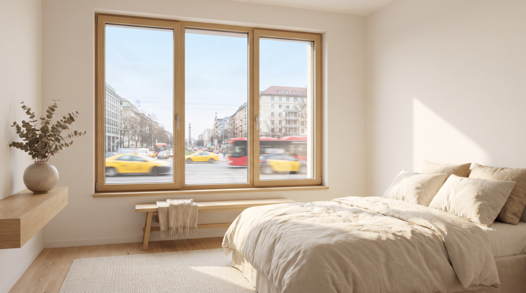 Schallschutzfenster Klassen: geschlossenes Fenster im Schlafzimmer mit Blick auf eine befahrene Straße