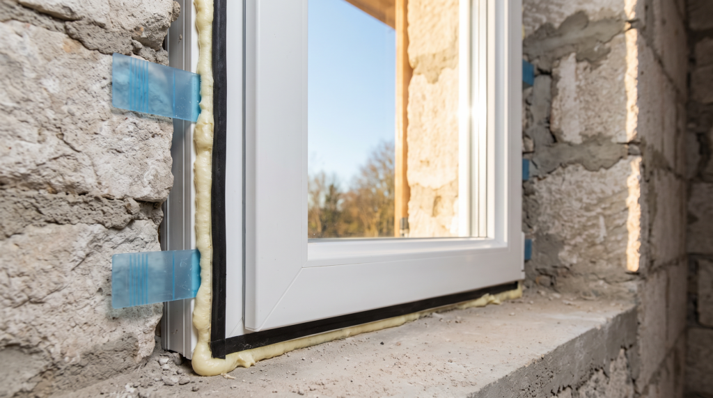 Fenster einbauen: neues Fenster frisch in die Maueröffnung eingesetzt