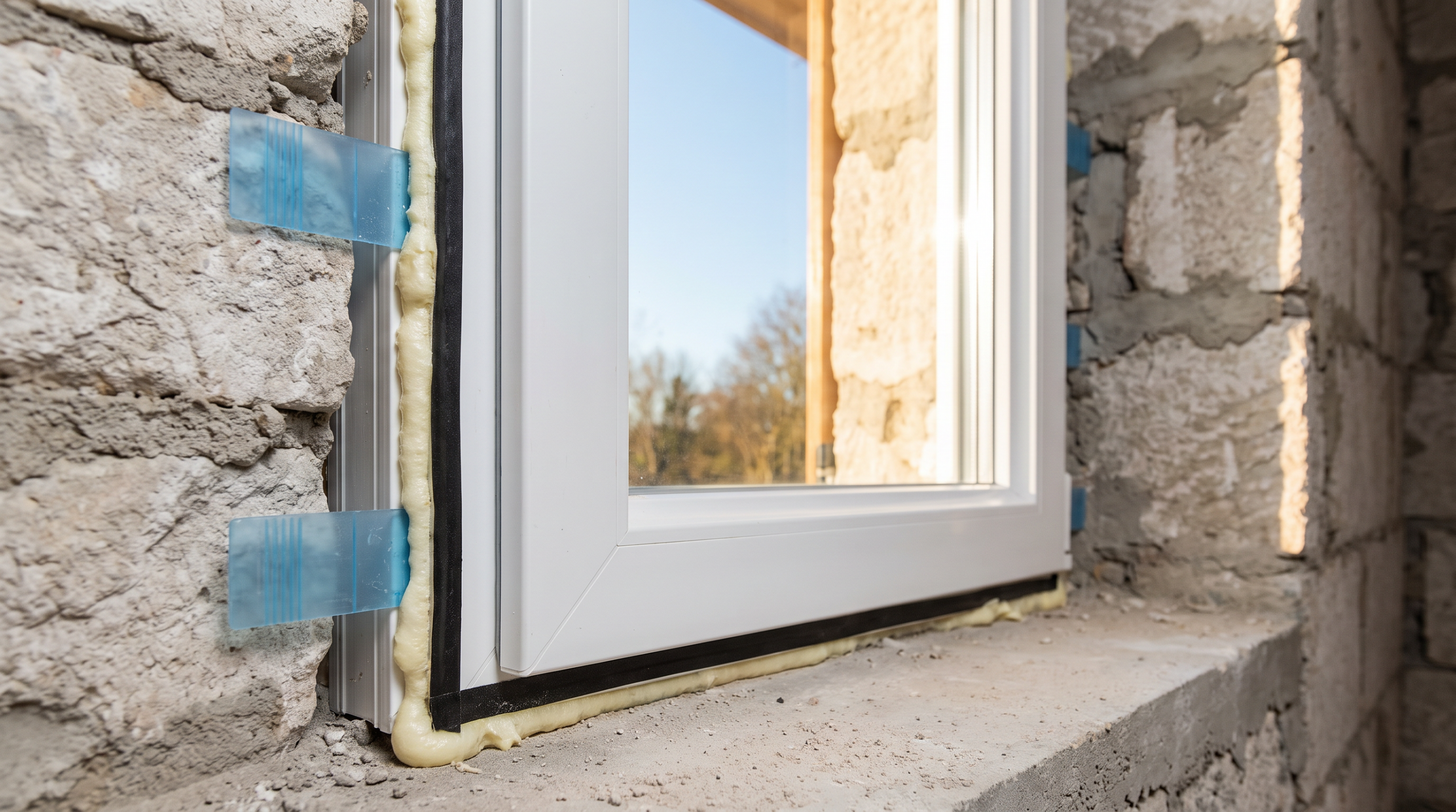 Fenster einbauen: neues Fenster frisch in die Maueröffnung eingesetzt