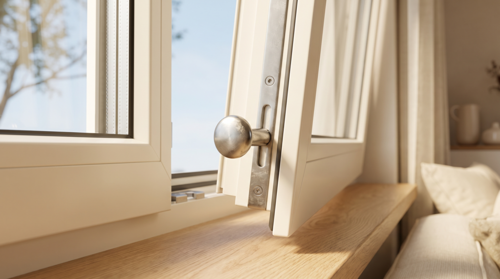 Pilzkopfverriegelung Fenster im Detail am geöffneten Fensterflügel
