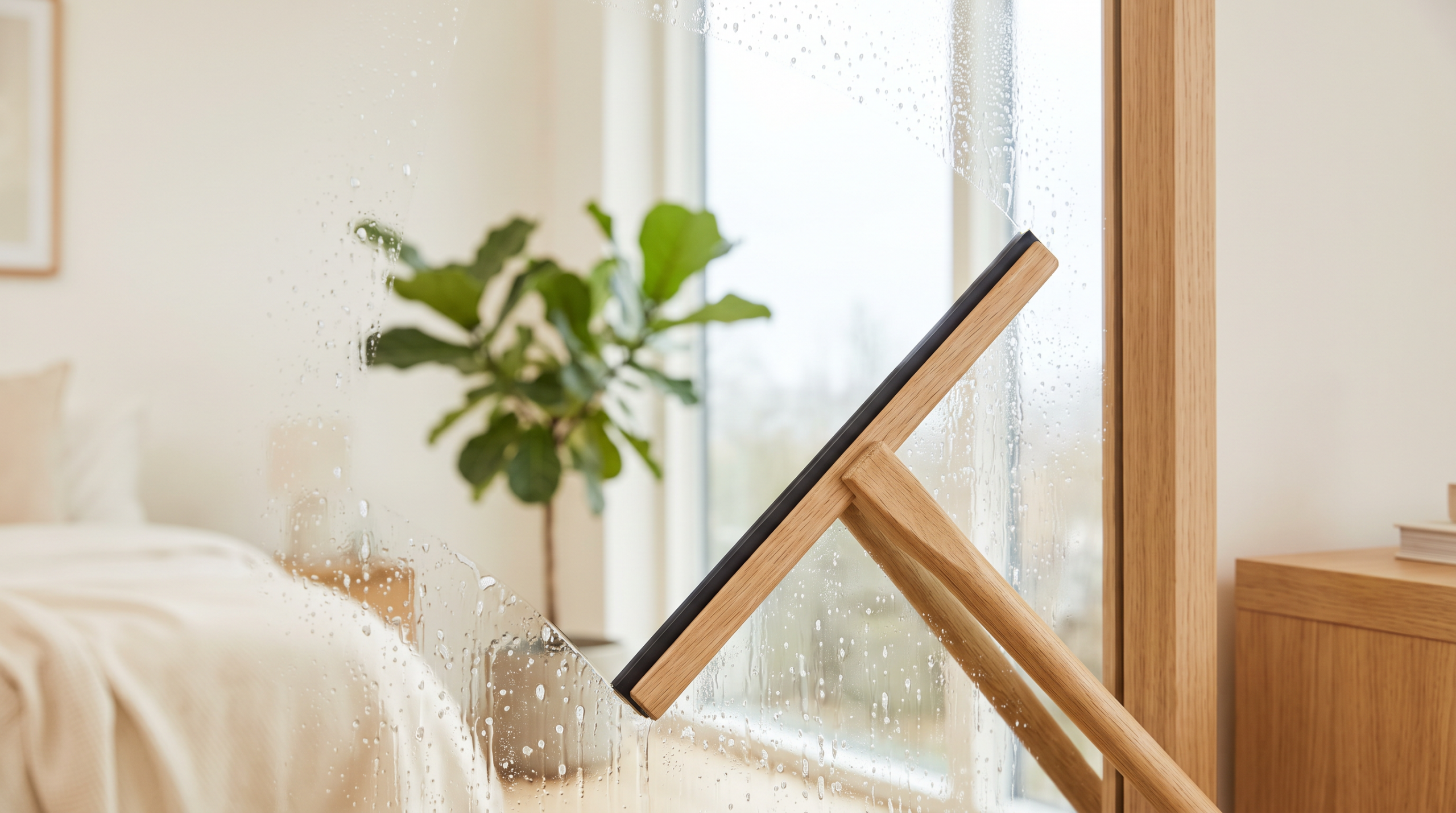 Fenster streifenfrei putzen mit einem Abzieher auf der Glasscheibe