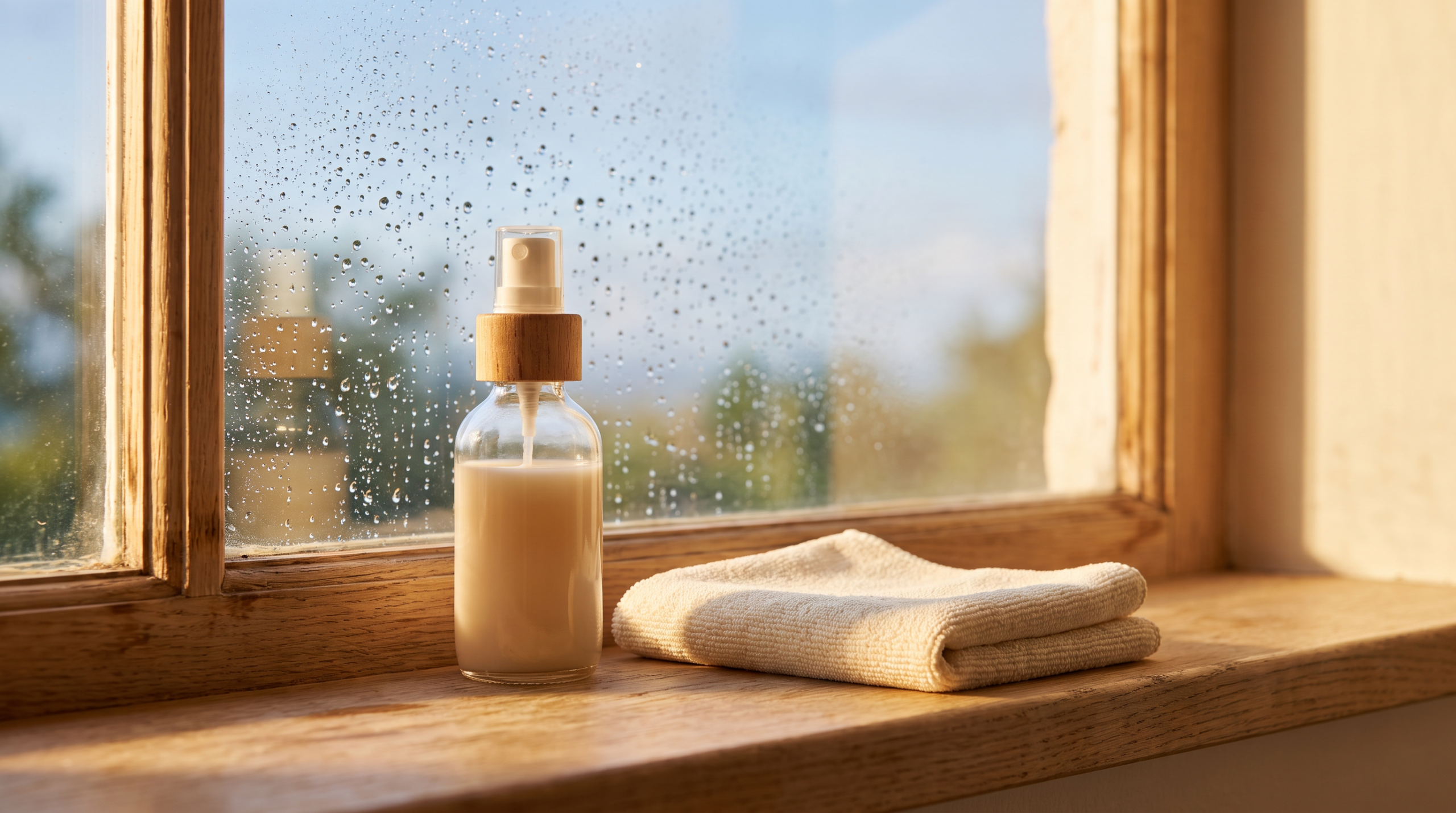 Hausmittel zum Fenster streifenfrei putzen auf der Fensterbank