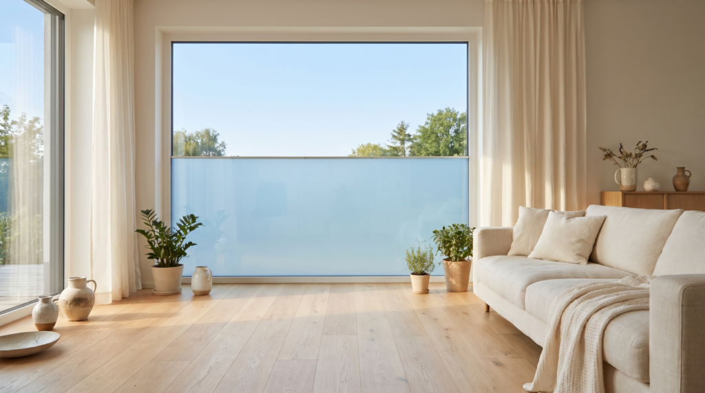 Smart Windows: elektrochromes Glas mit sichtbarem Toenungsuebergang im Wohnzimmer