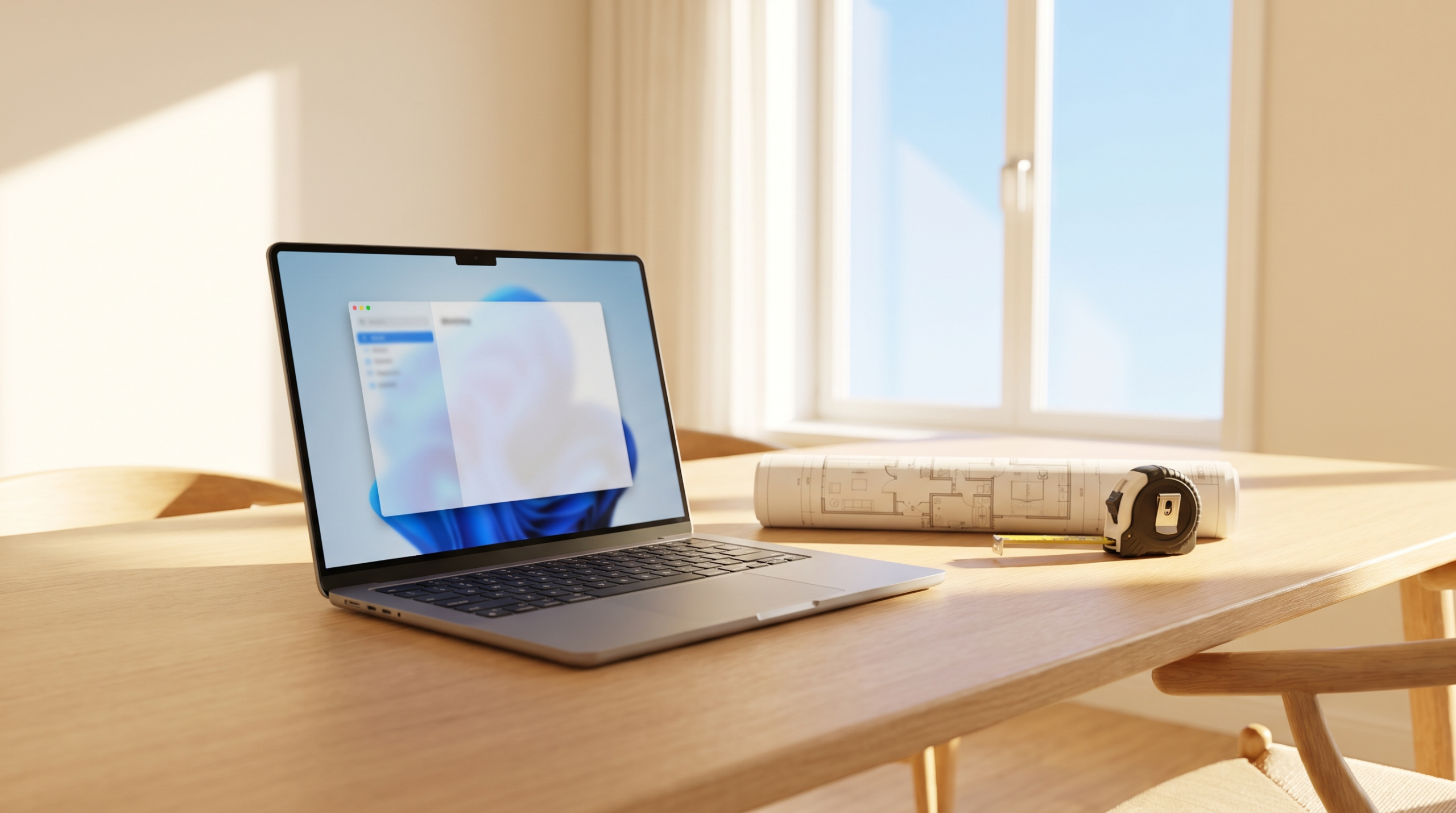 Laptop mit Fenster-Konfigurator neben Grundriss und Maßband auf Holztisch