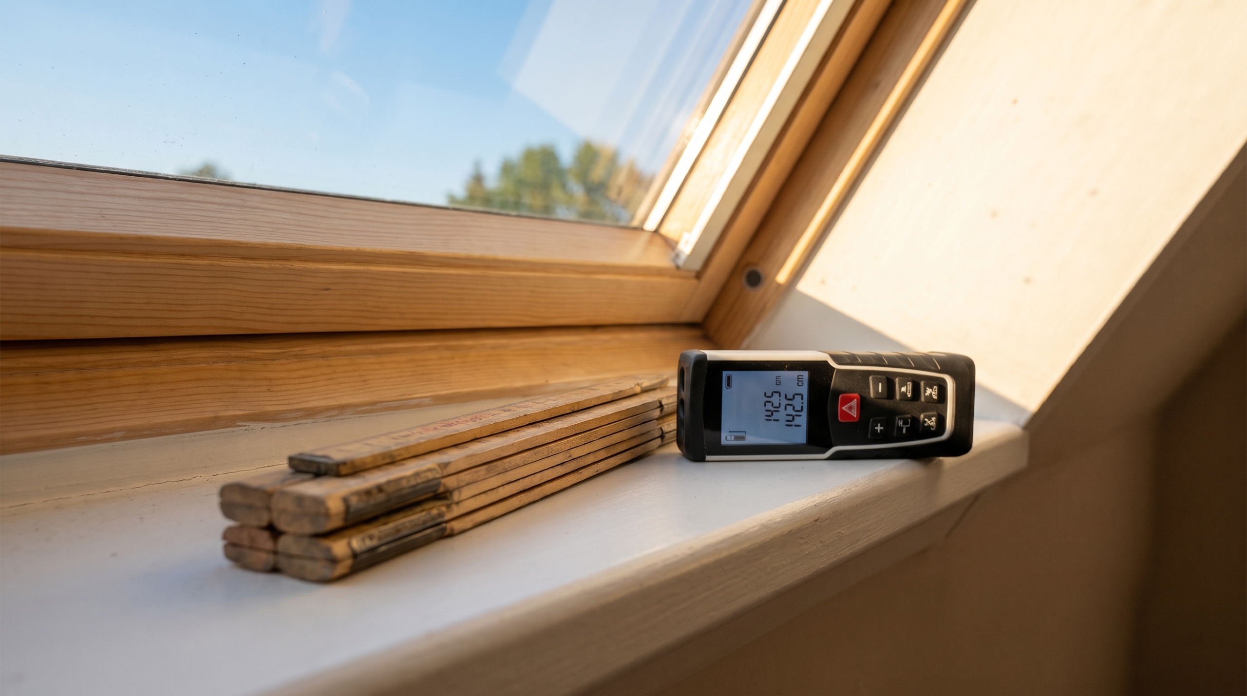 Zollstock und Laser-Entfernungsmesser an der Fensterlaibung für das Fenster-Konfigurator-Aufmaß