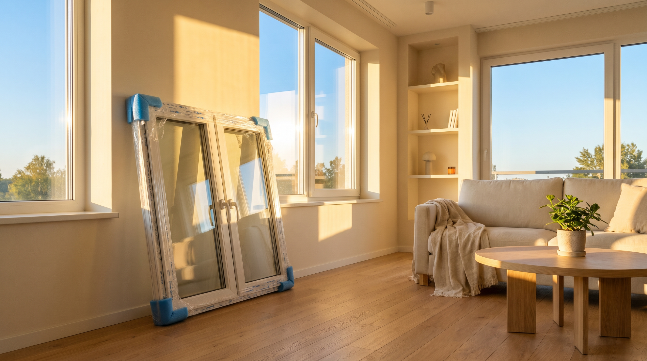 Neu geliefertes Fenster nach der Bestellung im Fenster-Konfigurator, bereit zum Einbau im Wohnzimmer