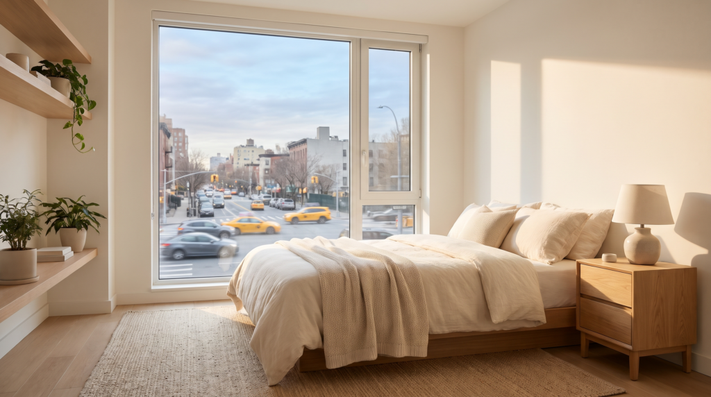 Schallschutz Fenster Straßenlärm: geschlossenes Fenster mit Blick auf befahrene Straße, ruhiges Schlafzimmer
